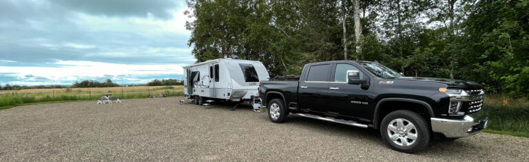 Truck and trailer at Duck Lake Hipcamp in Ocean Shores, WA