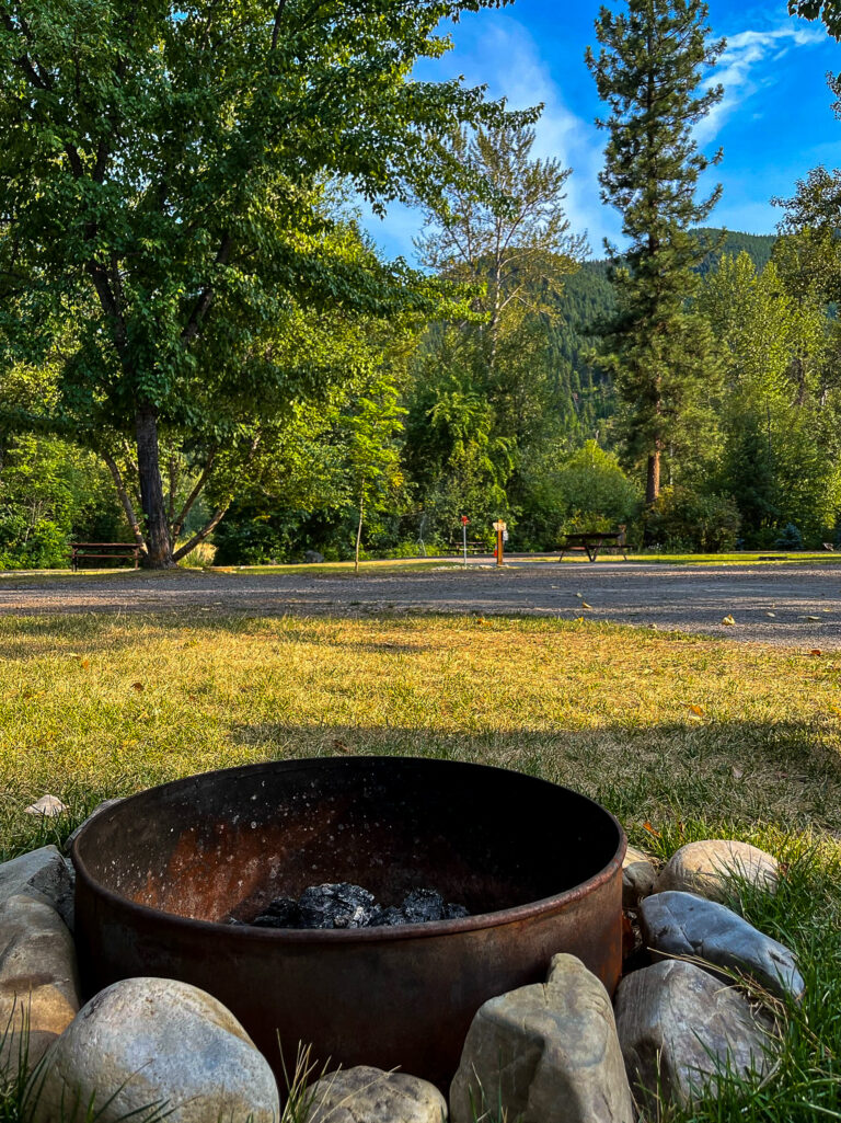 firepit and view from site while camping in St. Regis at Campground St. Regis