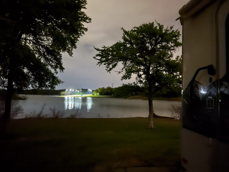 nightime view from our site at Hickory Creek Campground in Hickory Creek TX